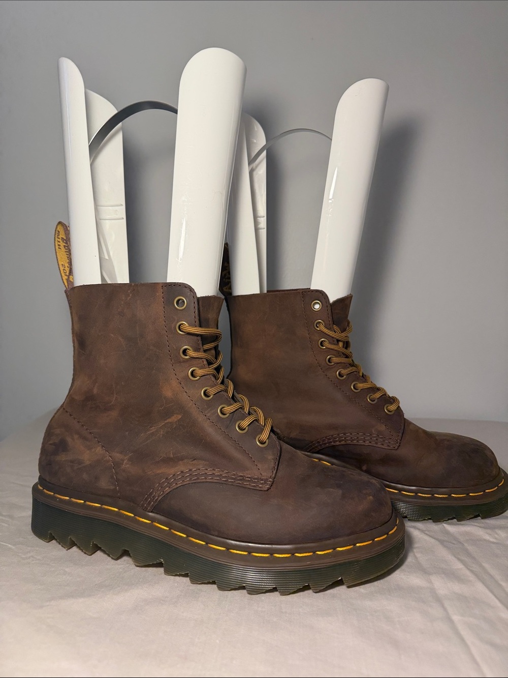 Dr. Martens Brown Lace-Up Combat Boots with Yellow Stitching